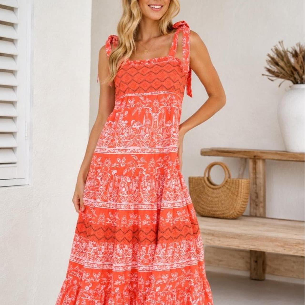 Azure Tropical Print Embroidered Tiered Sundress — photo 1 of 6