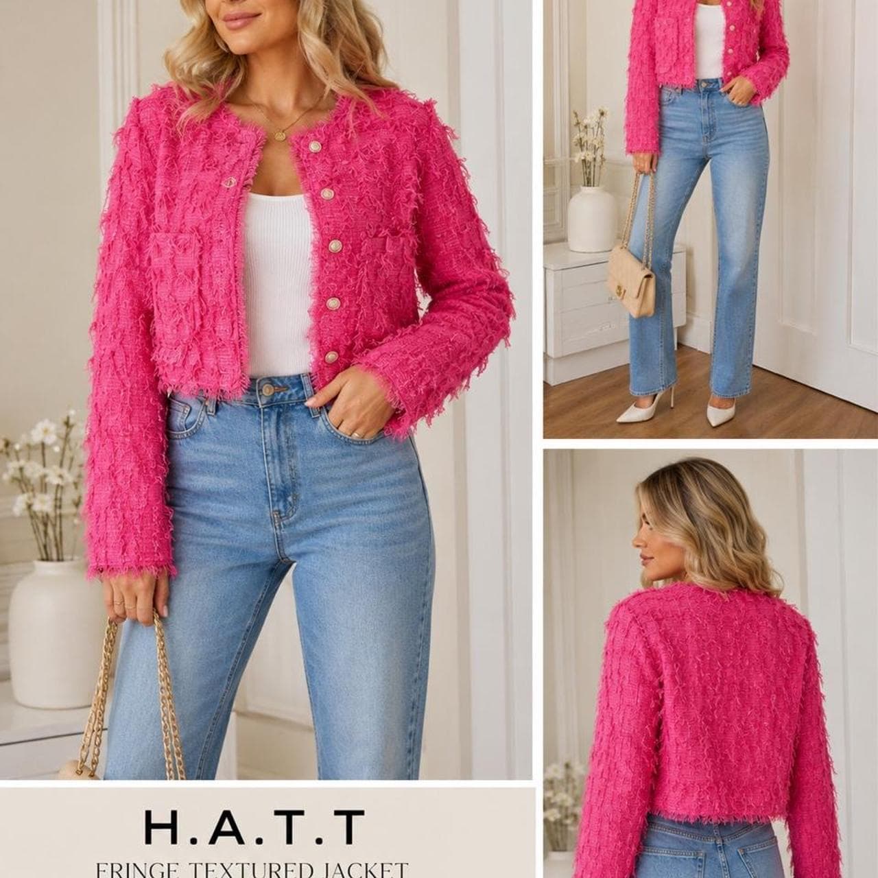 H.A.T.T Textured Fringe Cropped Jacket In Hot Pink — photo 1 of 5