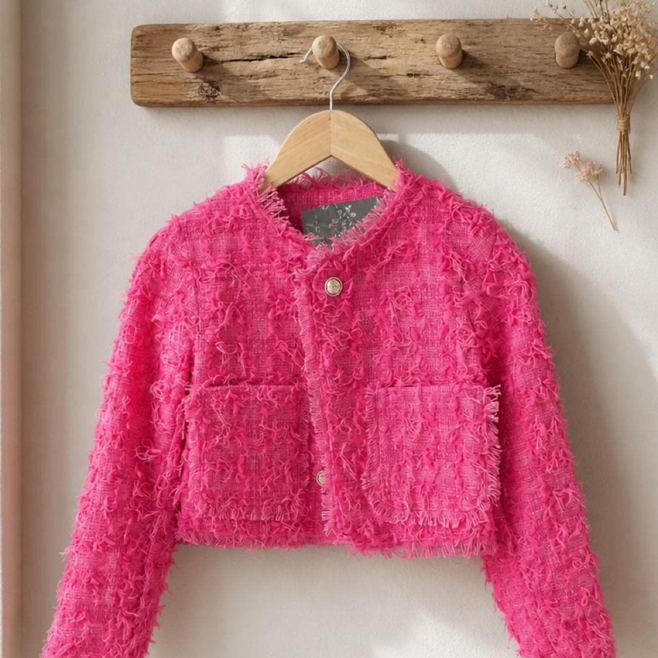 H.A.T.T Textured Fringe Cropped Jacket In Hot Pink — photo 2 of 5