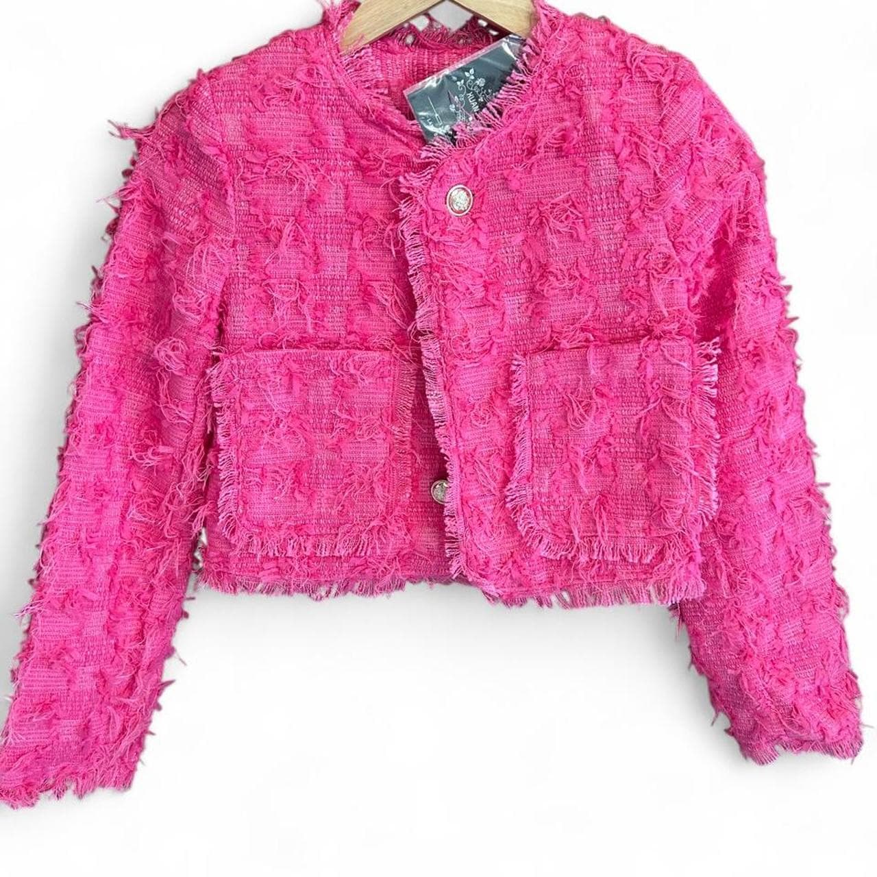 H.A.T.T Textured Fringe Cropped Jacket In Hot Pink — photo 4 of 5
