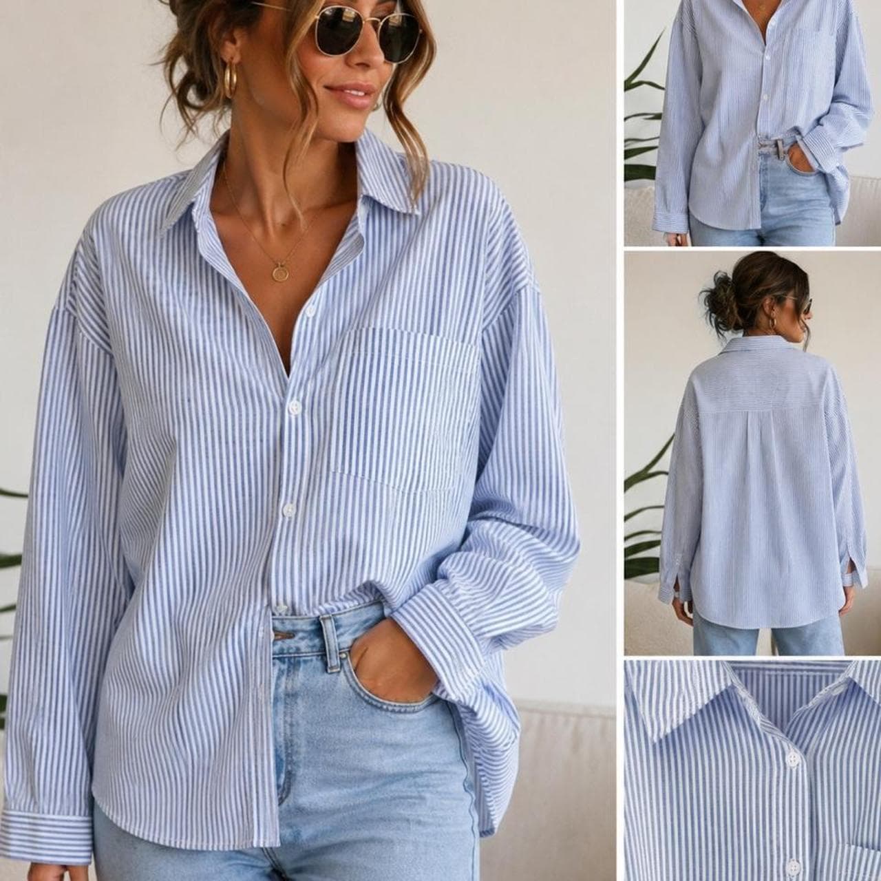 Zara Women's Blue And White Pinstripe Cotton Shirt — photo 1 of 5