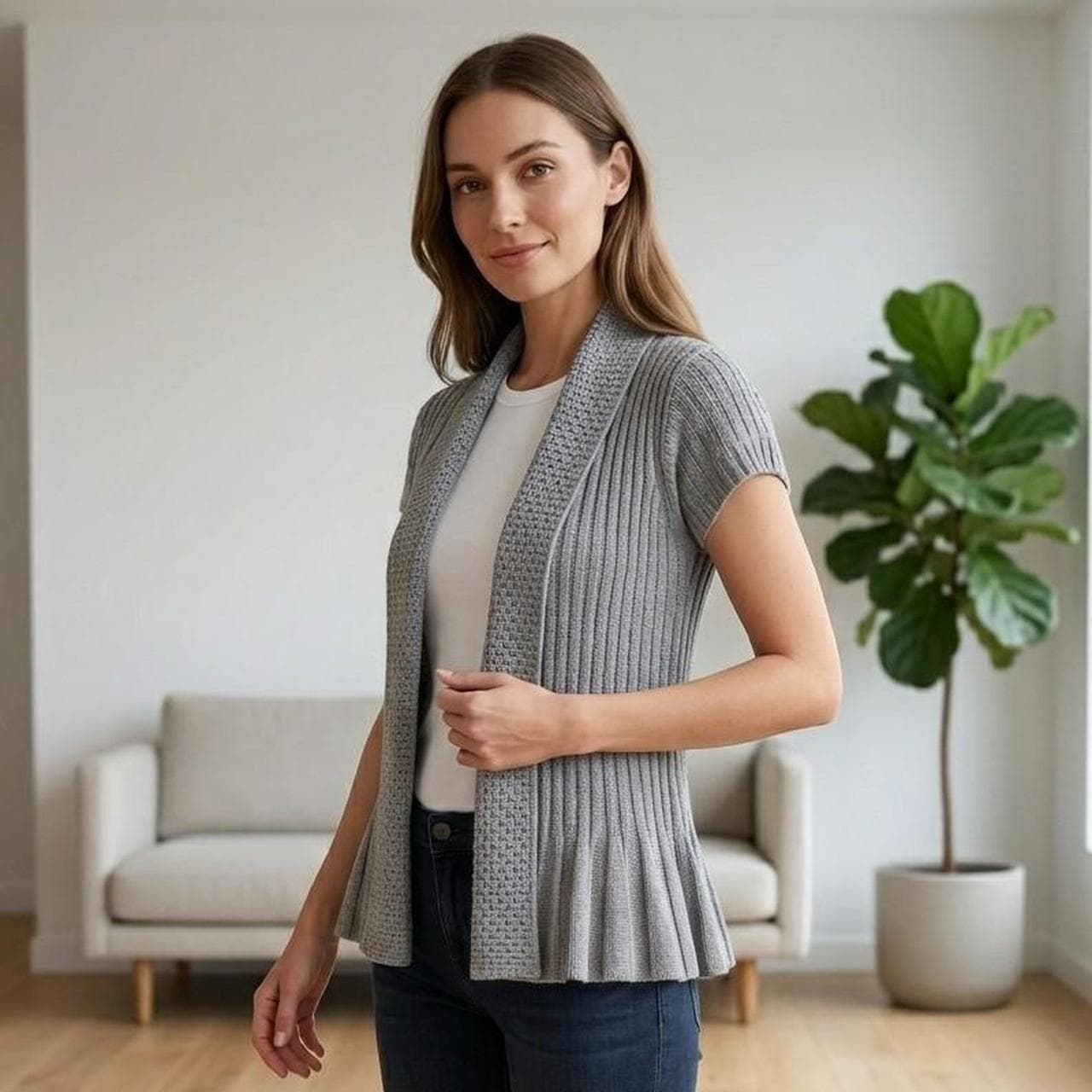 W Lane Grey Knit Cardigan With Pleated Hem And Short Sleeves โ photo 1 of 7