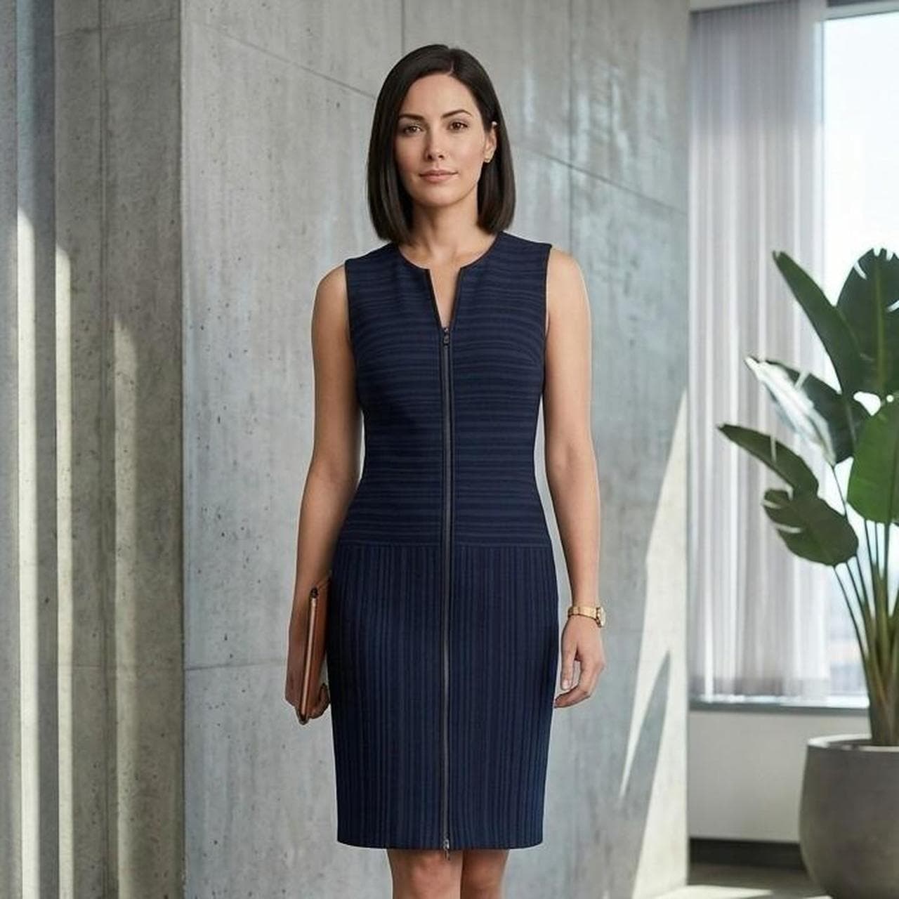 Veronika Maine Navy Blue Pinstripe Dress With Zipper Detail — photo 1 of 6