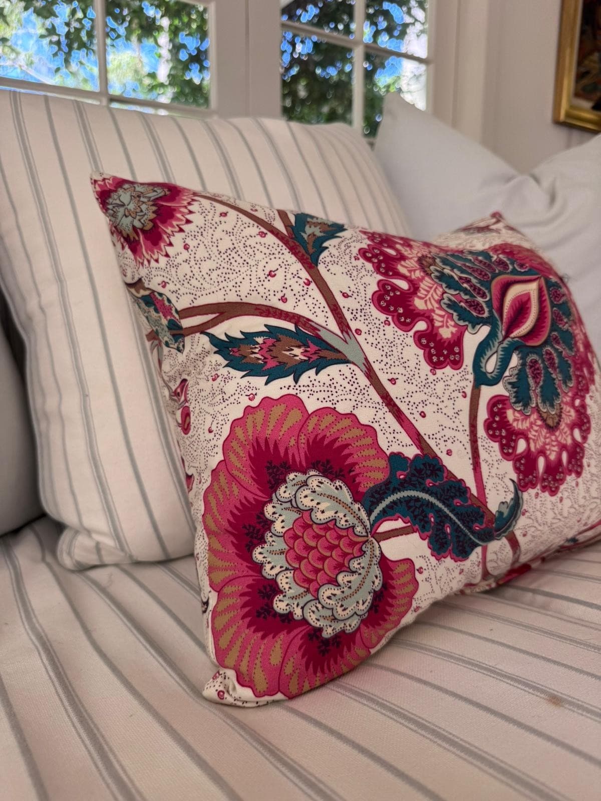 Giselle Aqua Floral Knife-Edge Cushions Colefax Fowler Linen Designer Cushion — photo 1 of 6