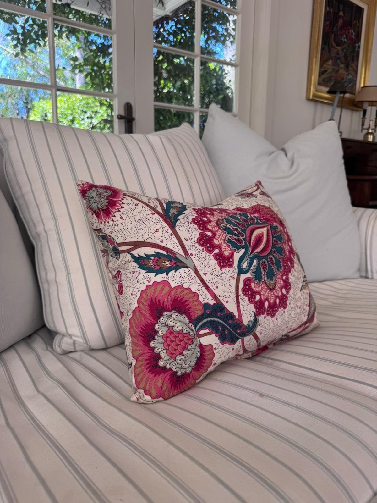 Giselle Aqua Floral Knife-Edge Cushions Colefax Fowler Linen Designer Cushion — photo 5 of 6