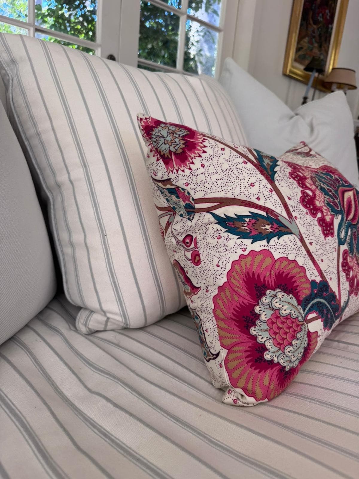 Giselle Aqua Floral Knife-Edge Cushions Colefax Fowler Linen Designer Cushion — photo 6 of 6