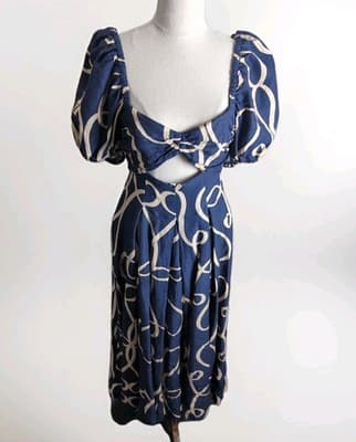 Shona Joy Blue Cream Puff Sleeve Cut Out Midi Dress Size 8 Elegant Womens — photo 1 of 8