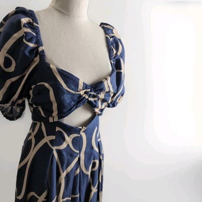 Shona Joy Blue Cream Puff Sleeve Cut Out Midi Dress Size 8 Elegant Womens — photo 4 of 8