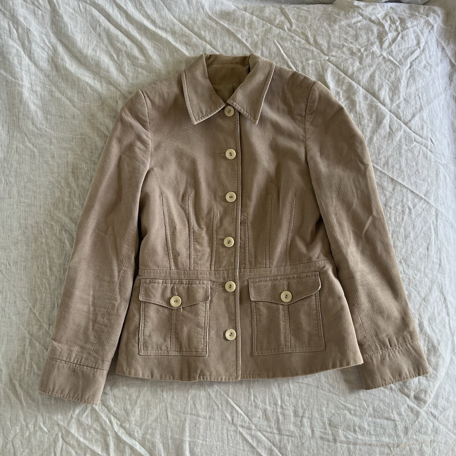 Vintage 90s 2000s Beige Corduroy Chore Jacket Fitted Button Up Utility Coat XS S — photo 4 of 7