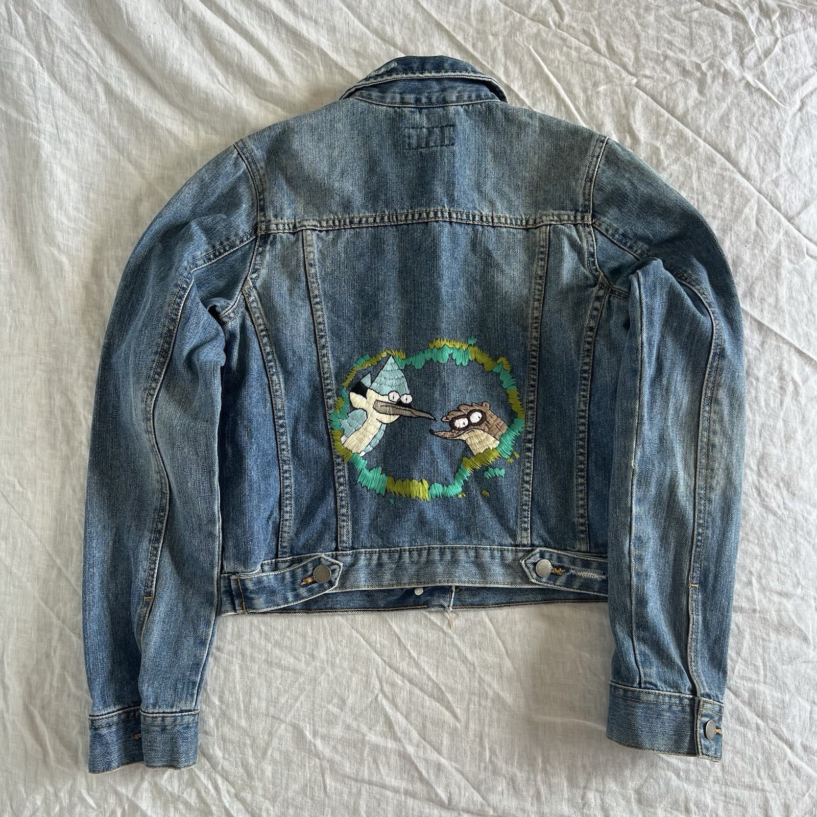 Dricoper Custom Hand Embroidered Regular Show Denim Jacket Blue Mordecai Rigby S — photo 1 of 11
