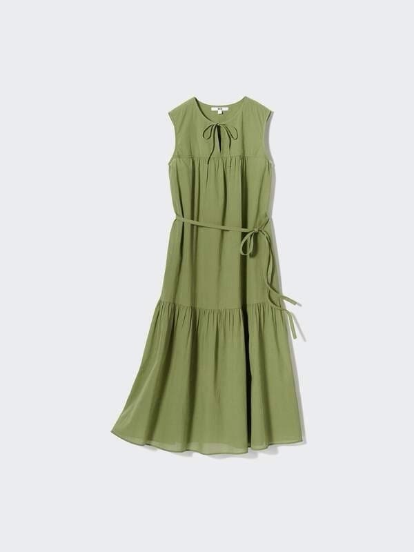Uniqlo Olive Green Cotton Tiered Smock Midi Dress Sleeveless Keyhole Tie XS — photo 1 of 9