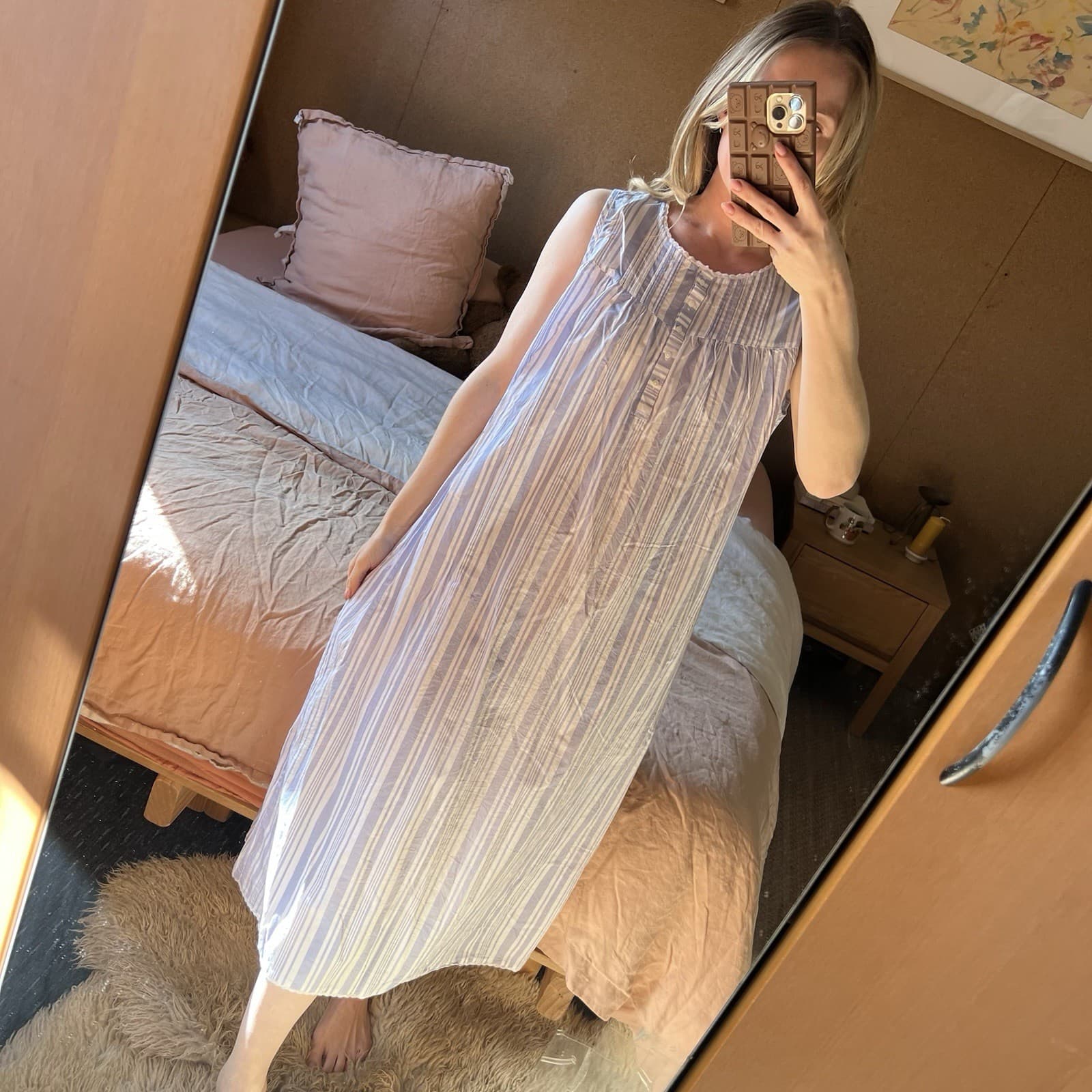 Blue White Stripe Cotton Nightgown Maxi Dress Lace Trim Prairie Cottagecore 8 10 — photo 1 of 8