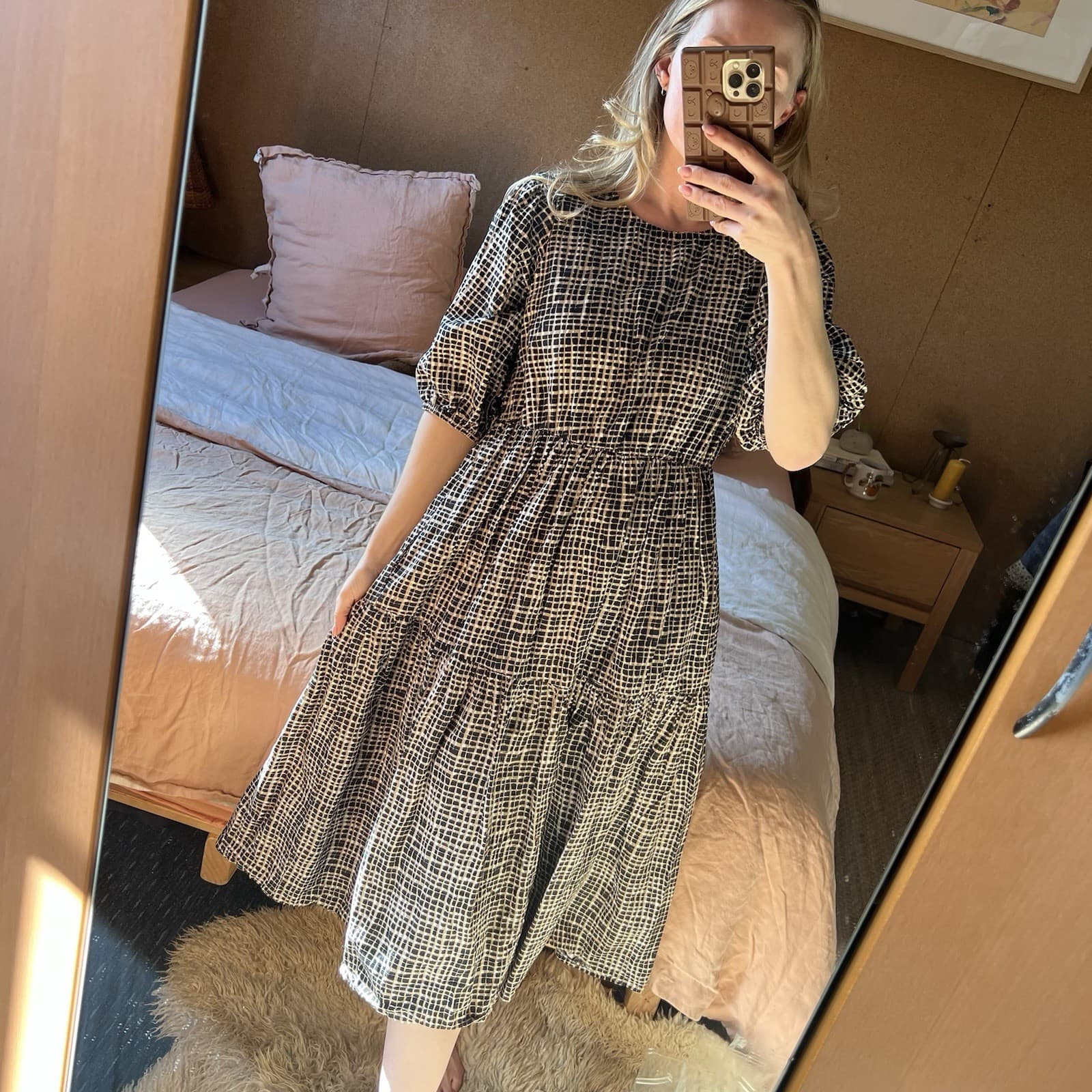 ONLY Abstract Check Print Cotton Puff Sleeve Tiered Midi Dress Boho Cottagecore — photo 1 of 8