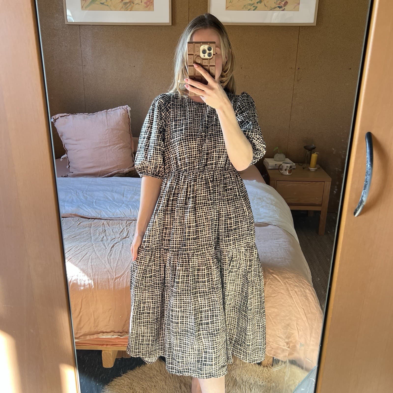 ONLY Abstract Check Print Cotton Puff Sleeve Tiered Midi Dress Boho Cottagecore — photo 2 of 8