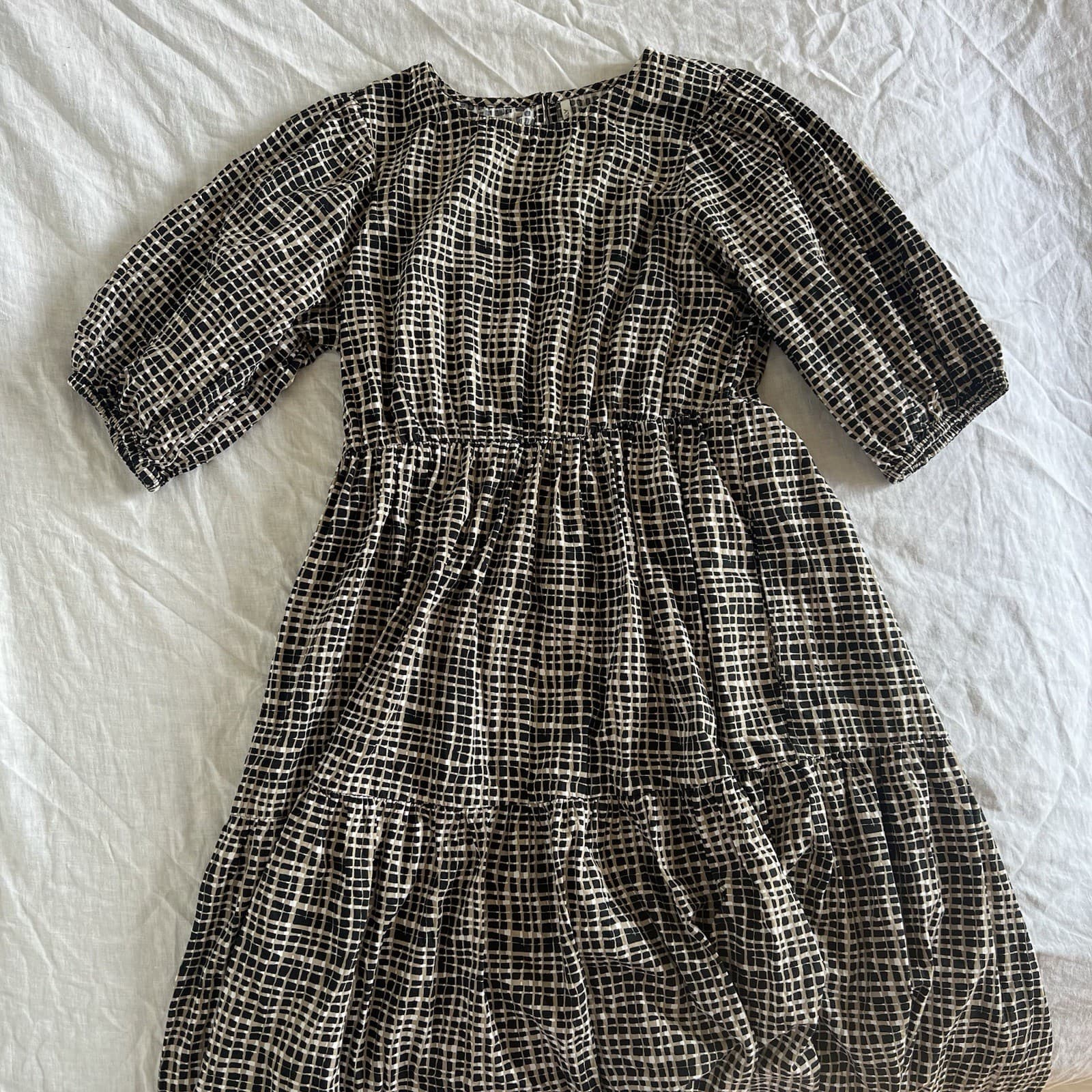 ONLY Abstract Check Print Cotton Puff Sleeve Tiered Midi Dress Boho Cottagecore — photo 3 of 8