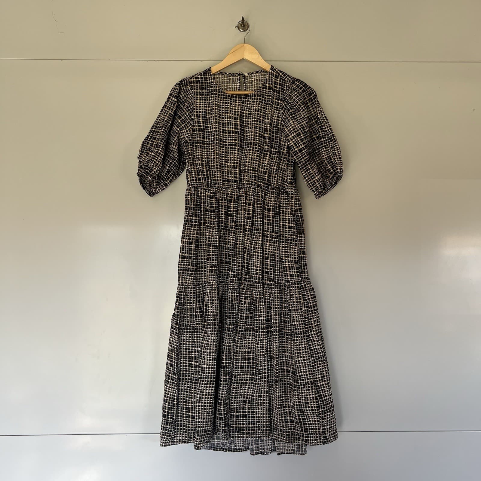 ONLY Abstract Check Print Cotton Puff Sleeve Tiered Midi Dress Boho Cottagecore — photo 4 of 8