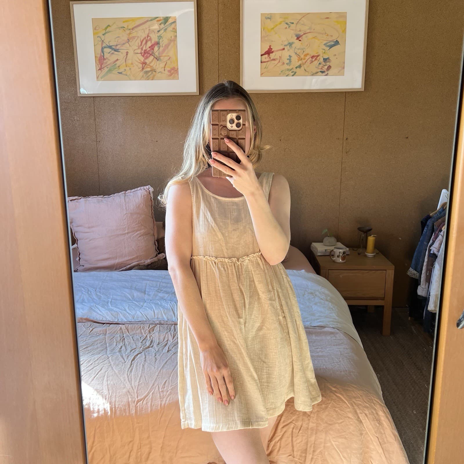 Cotton On Linen Blend Gauze Babydoll Mini Dress Cream Oatmeal Smock Ruffle S — photo 1 of 8