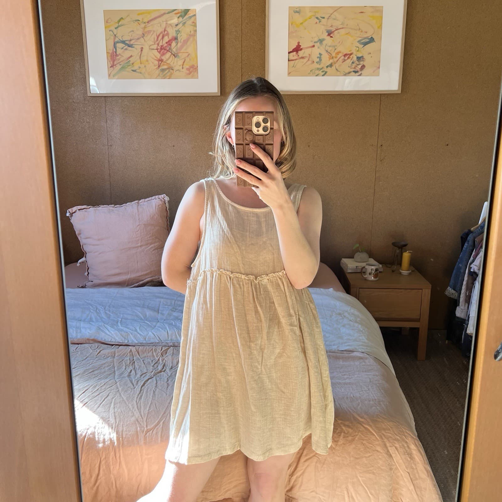 Cotton On Linen Blend Gauze Babydoll Mini Dress Cream Oatmeal Smock Ruffle S — photo 2 of 8