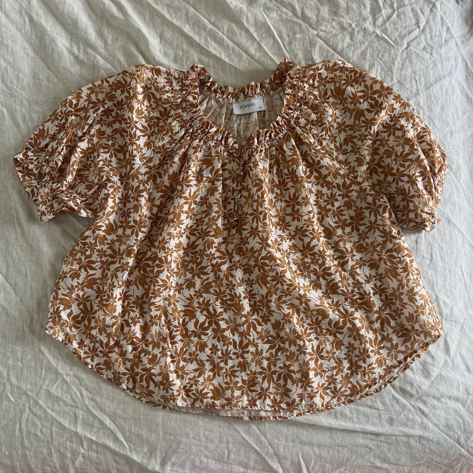 Esmaee La Sirene Floral Linen Blend Puff Sleeve Blouse Boho Cottagecore Prairie — photo 1 of 10