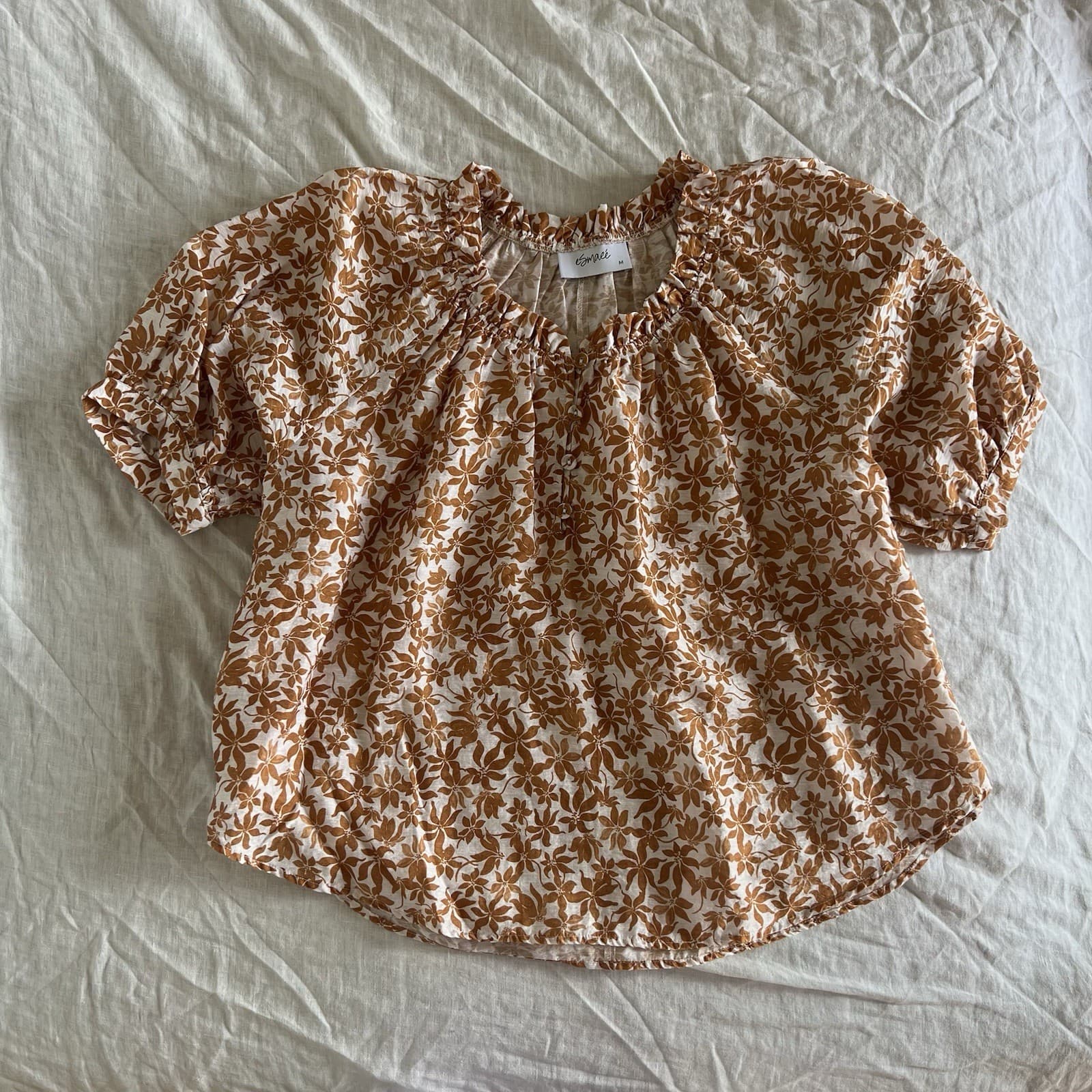 Esmaee La Sirene Floral Linen Blend Puff Sleeve Blouse Boho Cottagecore Prairie — photo 9 of 10