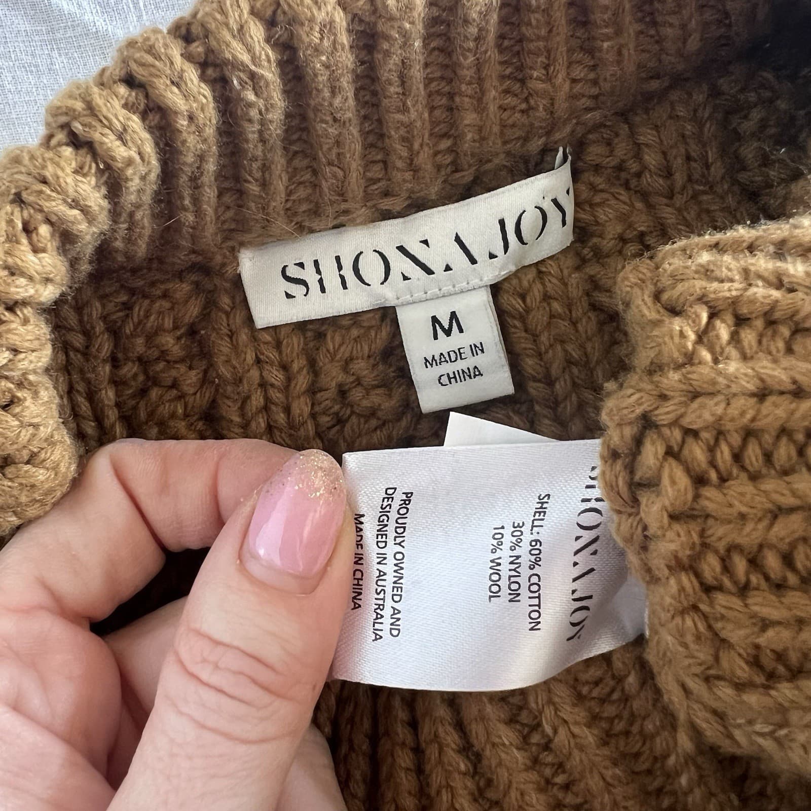 Shona Joy Camel Brown Chunky Cable Knit Jumper Sweater Balloon Sleeve Wool M — photo 2 of 11