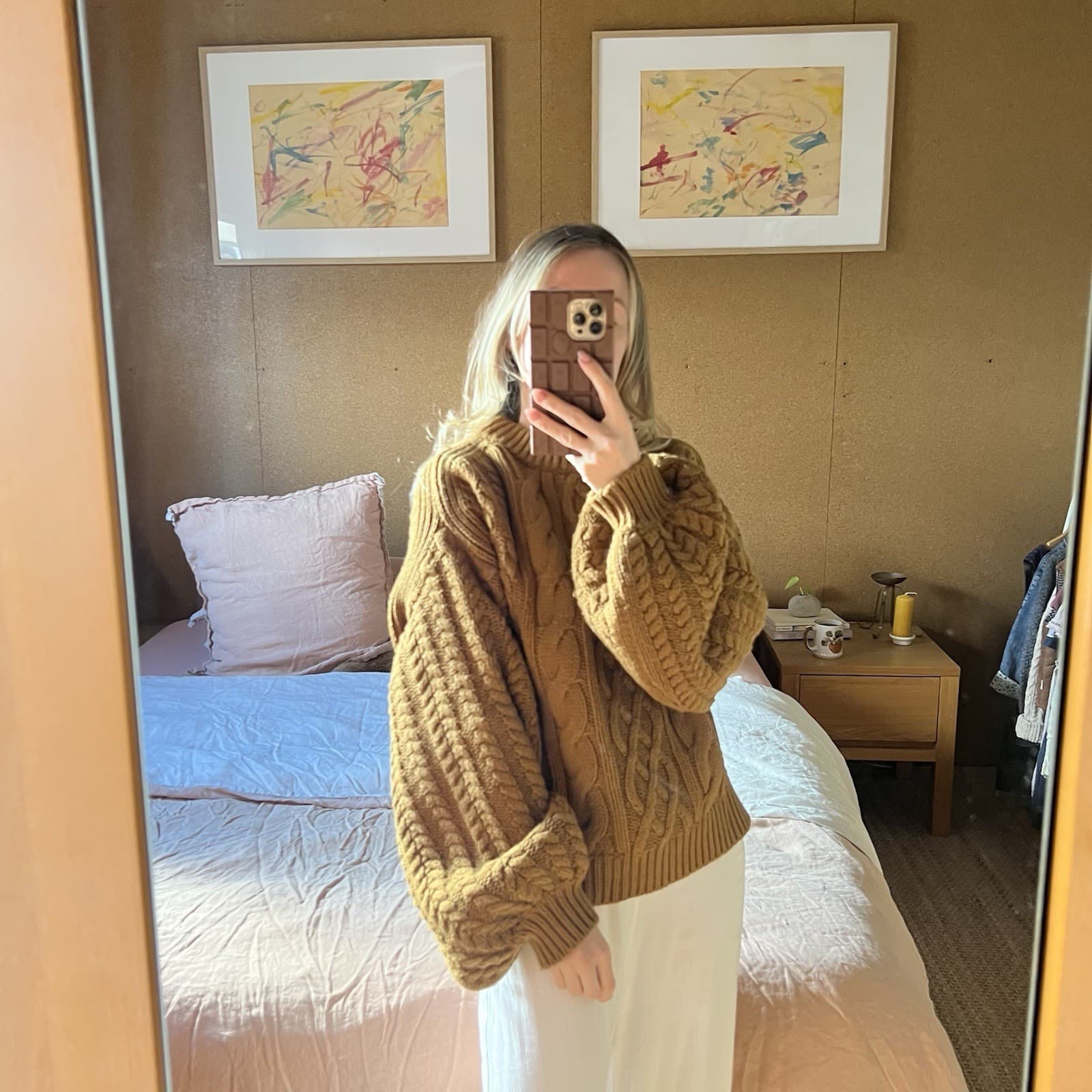 Shona Joy Camel Brown Chunky Cable Knit Jumper Sweater Balloon Sleeve Wool M — photo 11 of 11