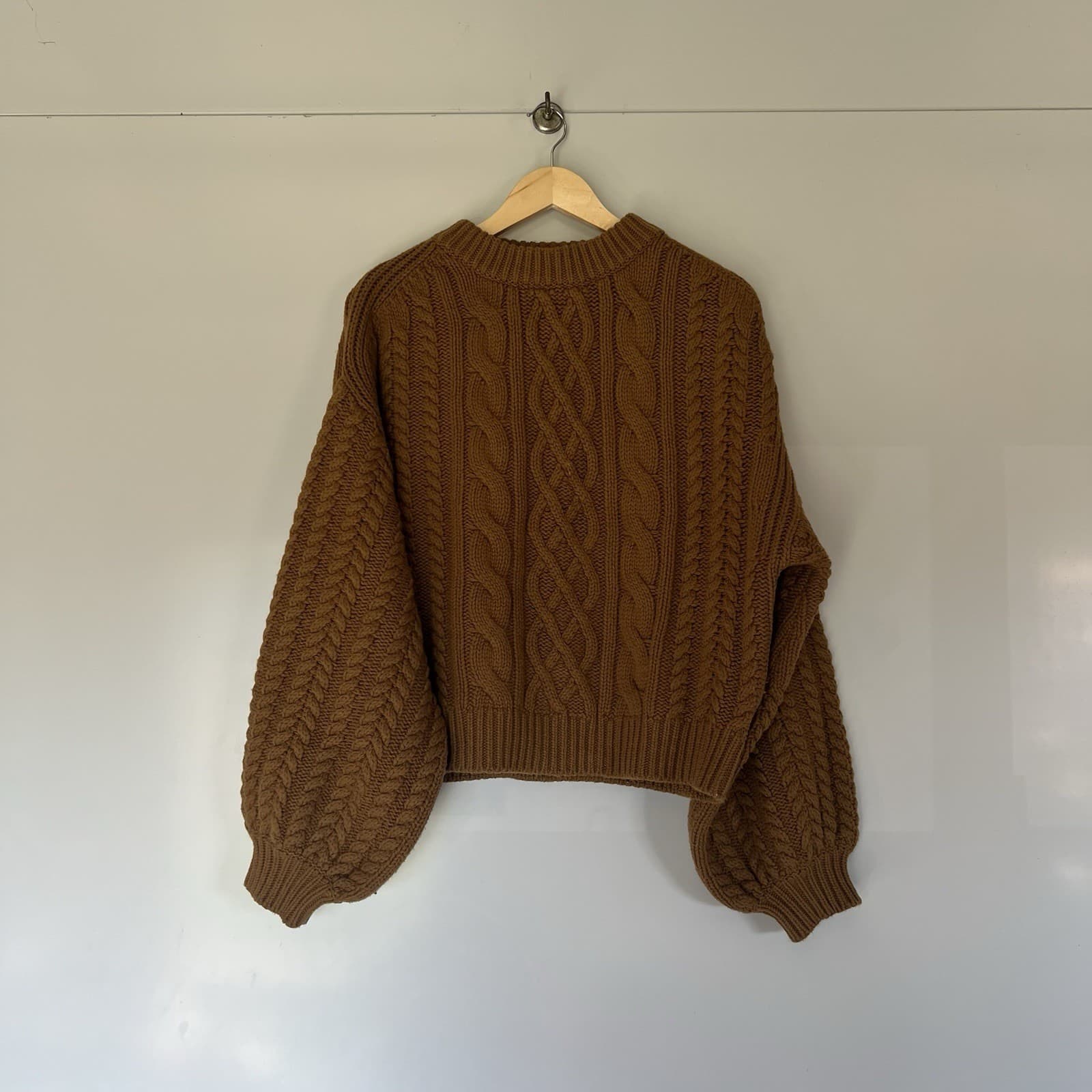 Shona Joy Camel Brown Chunky Cable Knit Jumper Sweater Balloon Sleeve Wool M — photo 5 of 11
