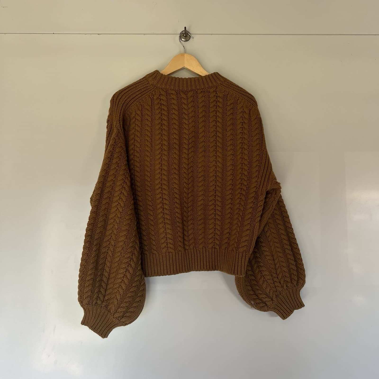 Shona Joy Camel Brown Chunky Cable Knit Jumper Sweater Balloon Sleeve Wool M — photo 6 of 11