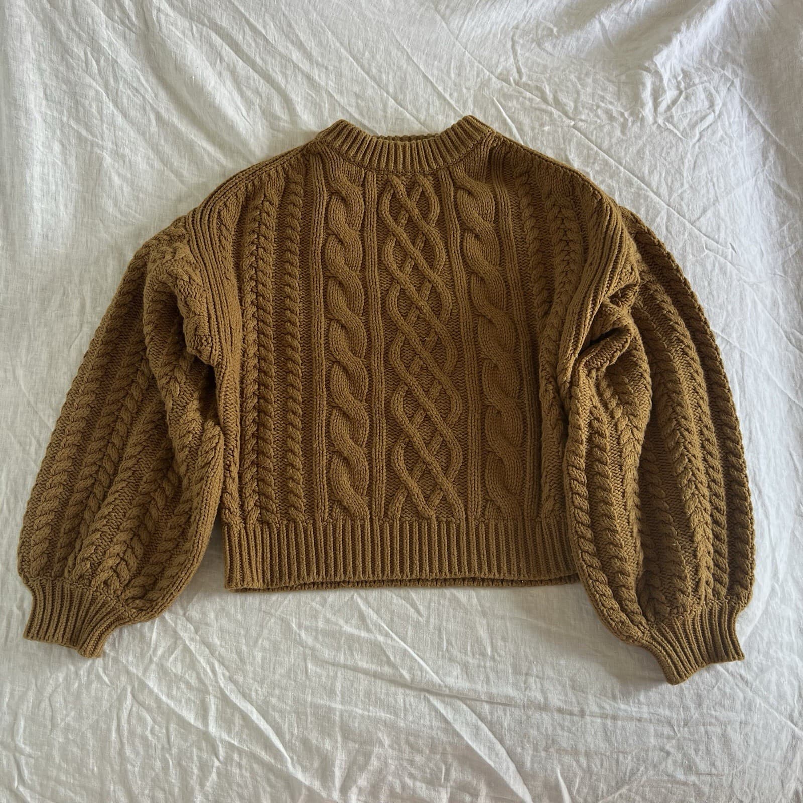 Shona Joy Camel Brown Chunky Cable Knit Jumper Sweater Balloon Sleeve Wool M — photo 7 of 11