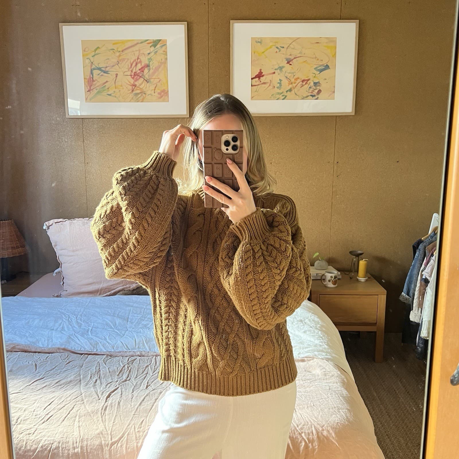 Shona Joy Camel Brown Chunky Cable Knit Jumper Sweater Balloon Sleeve Wool M — photo 8 of 11