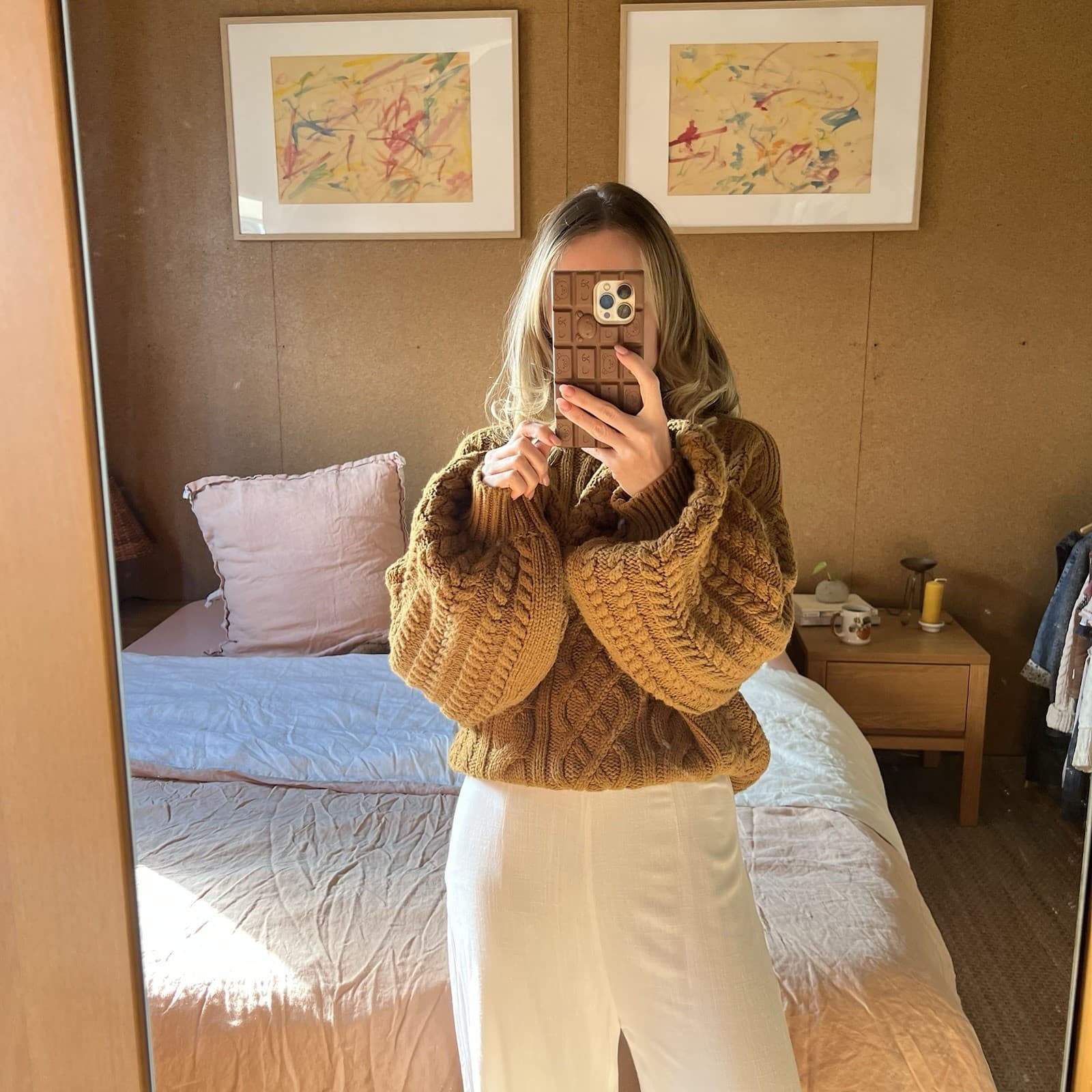 Shona Joy Camel Brown Chunky Cable Knit Jumper Sweater Balloon Sleeve Wool M — photo 9 of 11