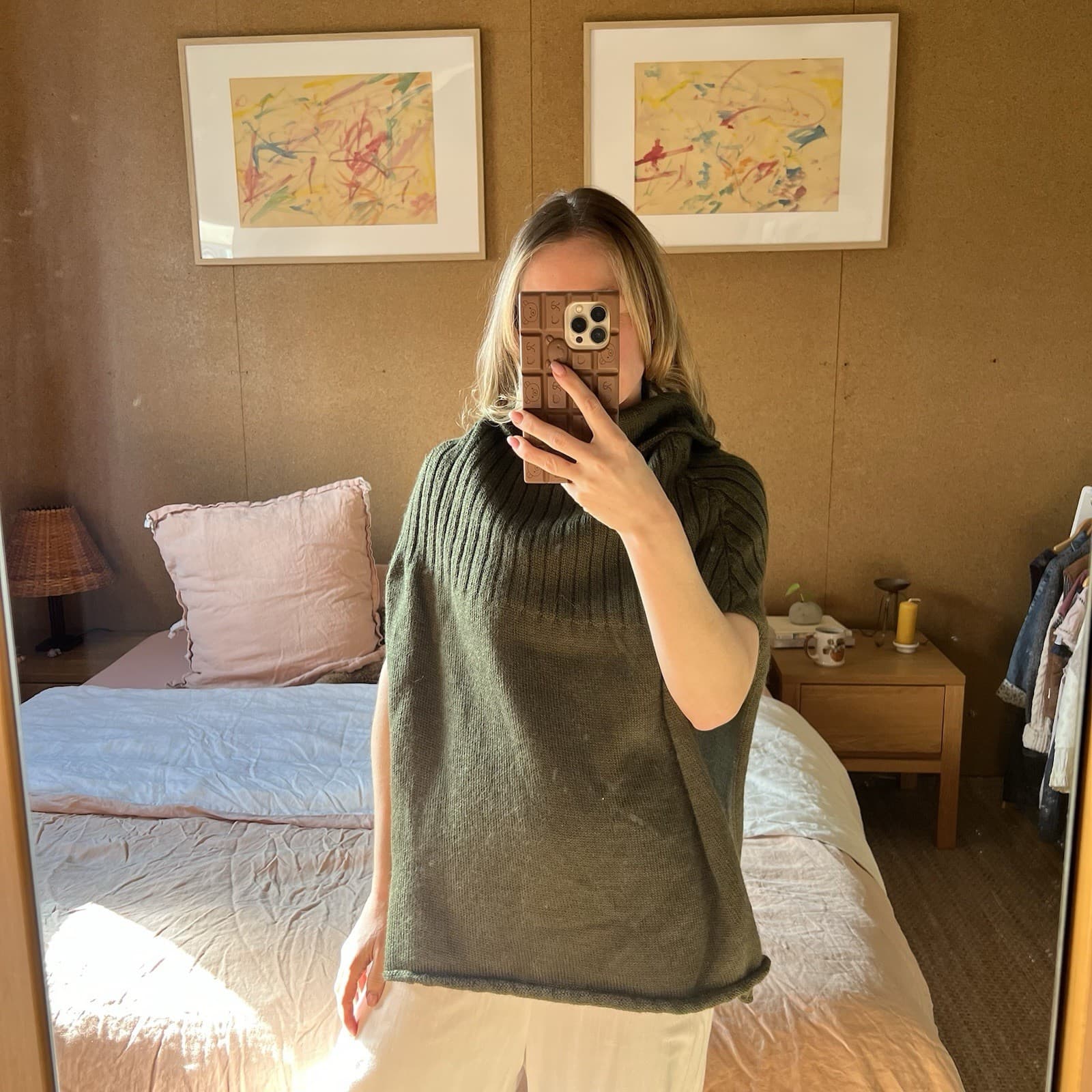 Handmade Pure Wool Olive Green Knit Cape Cowl Neck Cottagecore Hobbit Ren Faire — photo 3 of 8