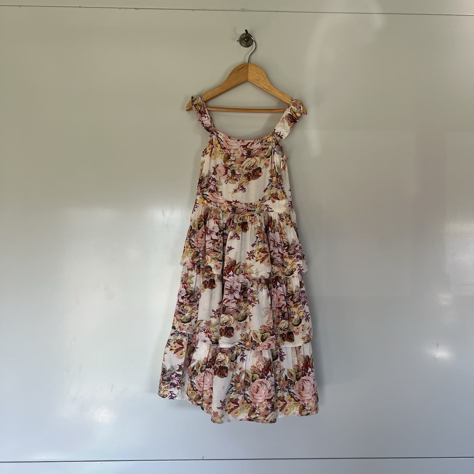 Auguste Girls Floral Tiered Midi Dress Ivory Woven Strappy Square Neck Size 5-6 — photo 2 of 6