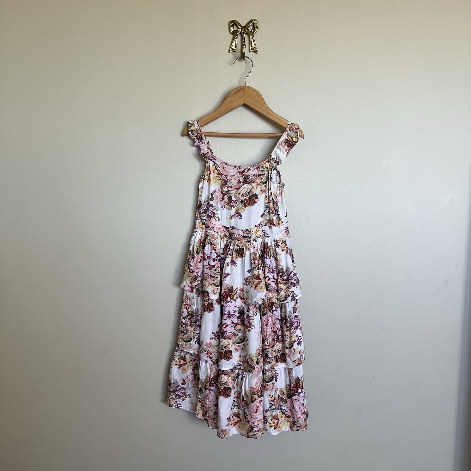 Auguste Girls Floral Tiered Midi Dress Ivory Woven Strappy Square Neck Size 5-6 — photo 3 of 6