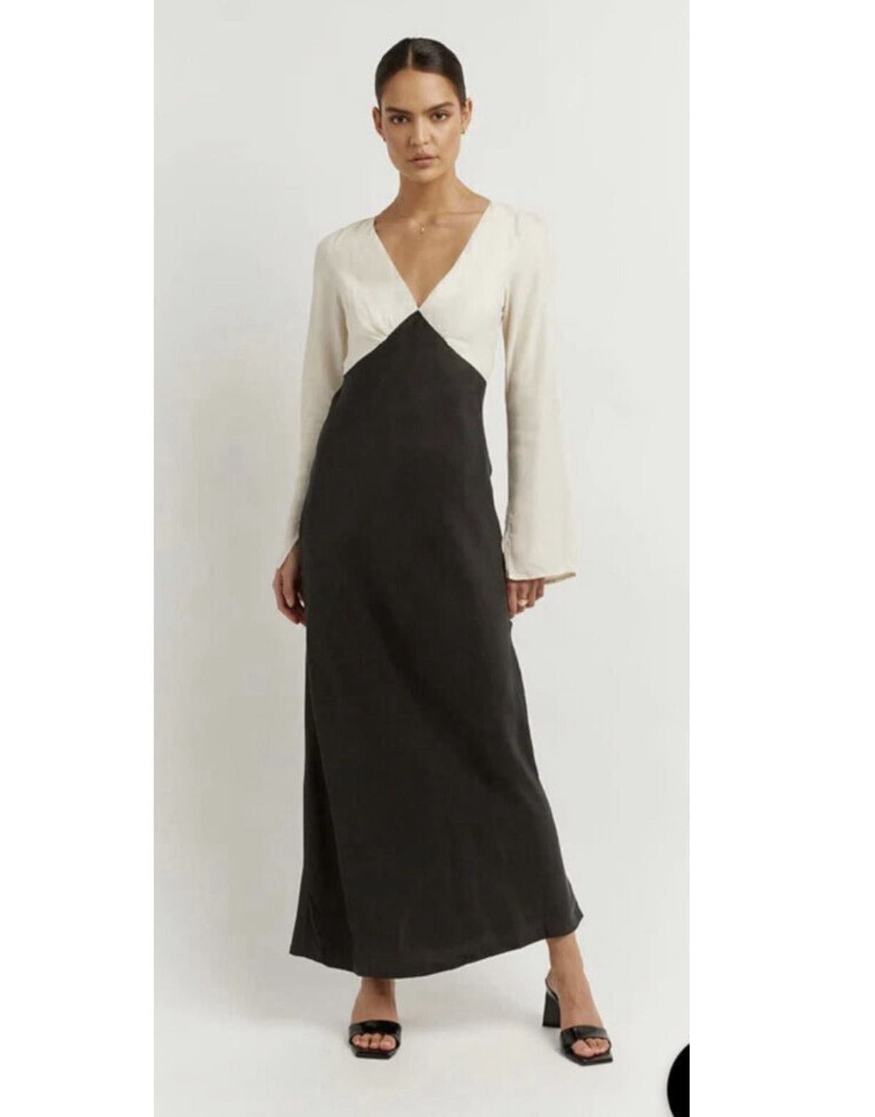 DISSH Seren Long Sleeve Two Tone V Neck Maxi Dress Cream Black AU 10 — photo 8 of 9