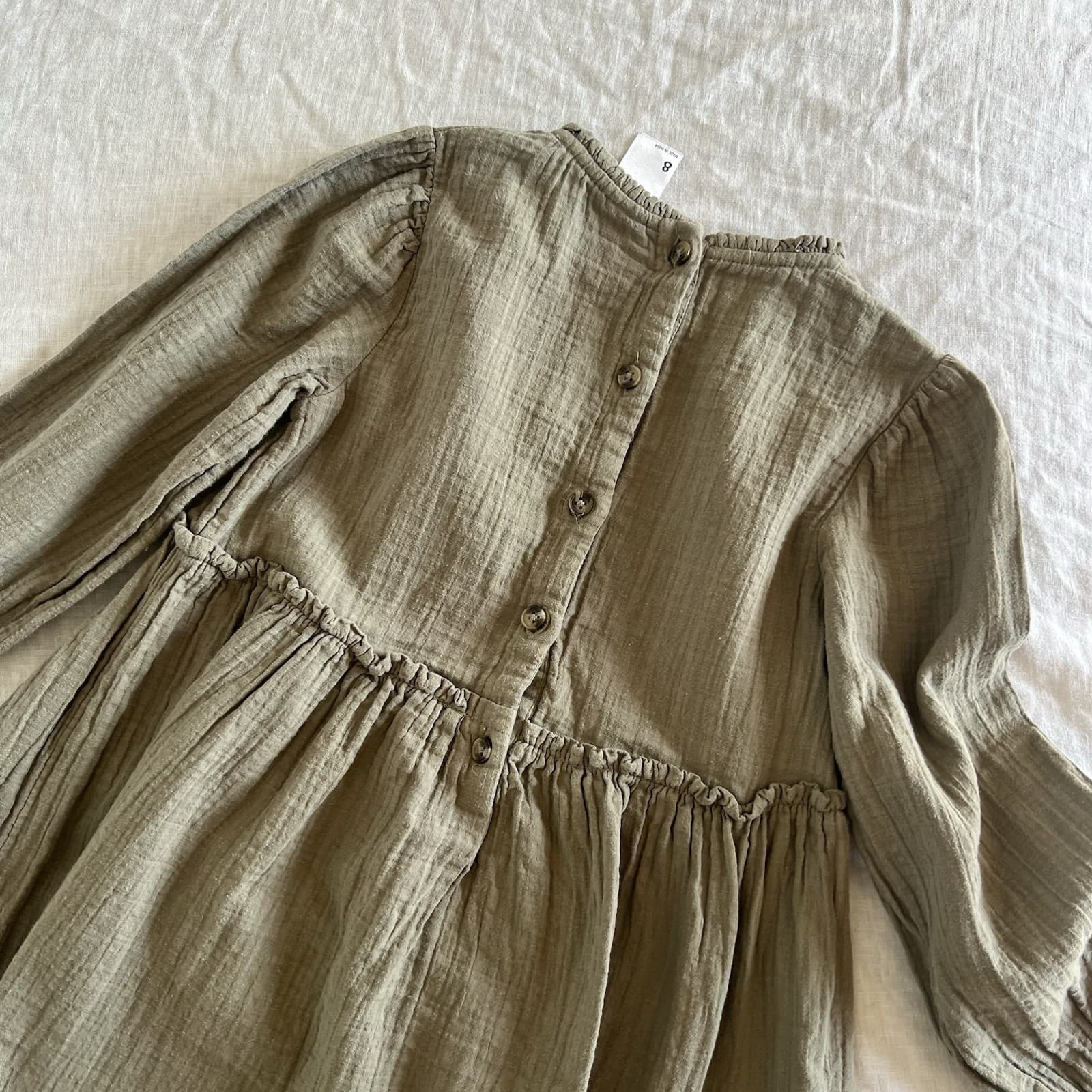 Girls Khaki Olive Green Crinkle Cotton Long Sleeve Dress Size 6 7 8 Cottagecore — photo 4 of 6