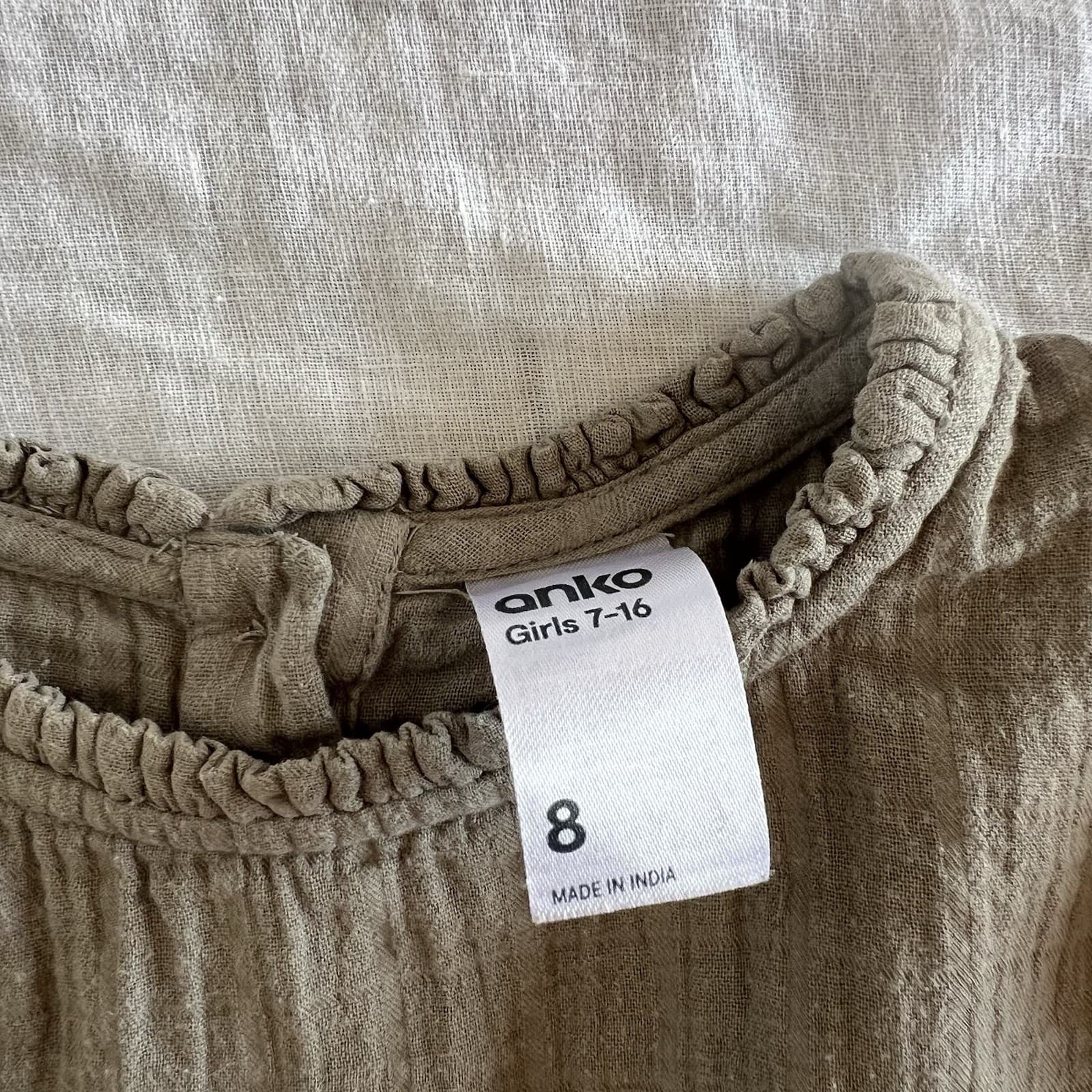 Girls Khaki Olive Green Crinkle Cotton Long Sleeve Dress Size 6 7 8 Cottagecore — photo 5 of 6