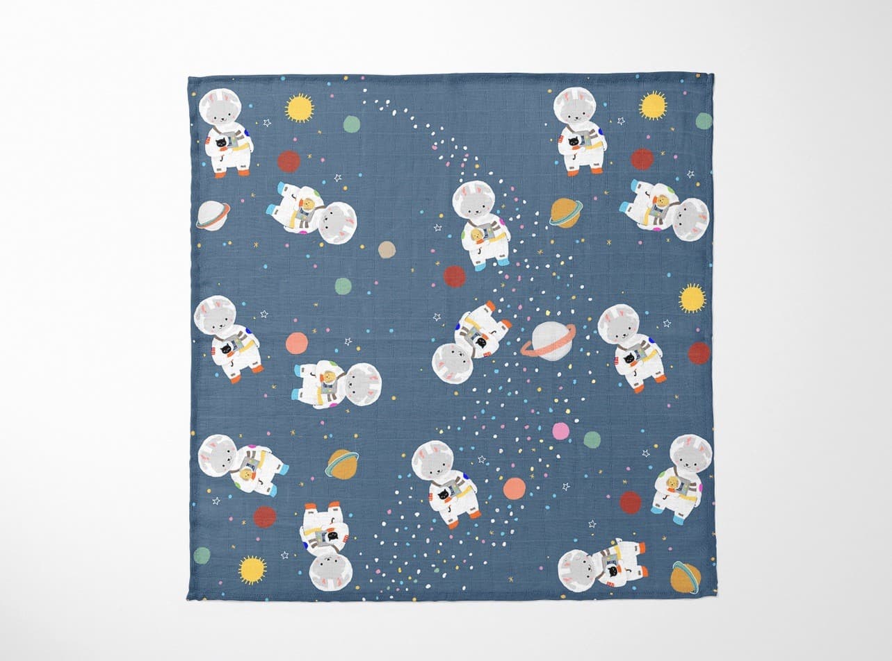 Suki McMaster Organic Bamboo Muslin Swaddle Blanket Space Bunny Cat Space Suit — photo 1 of 8