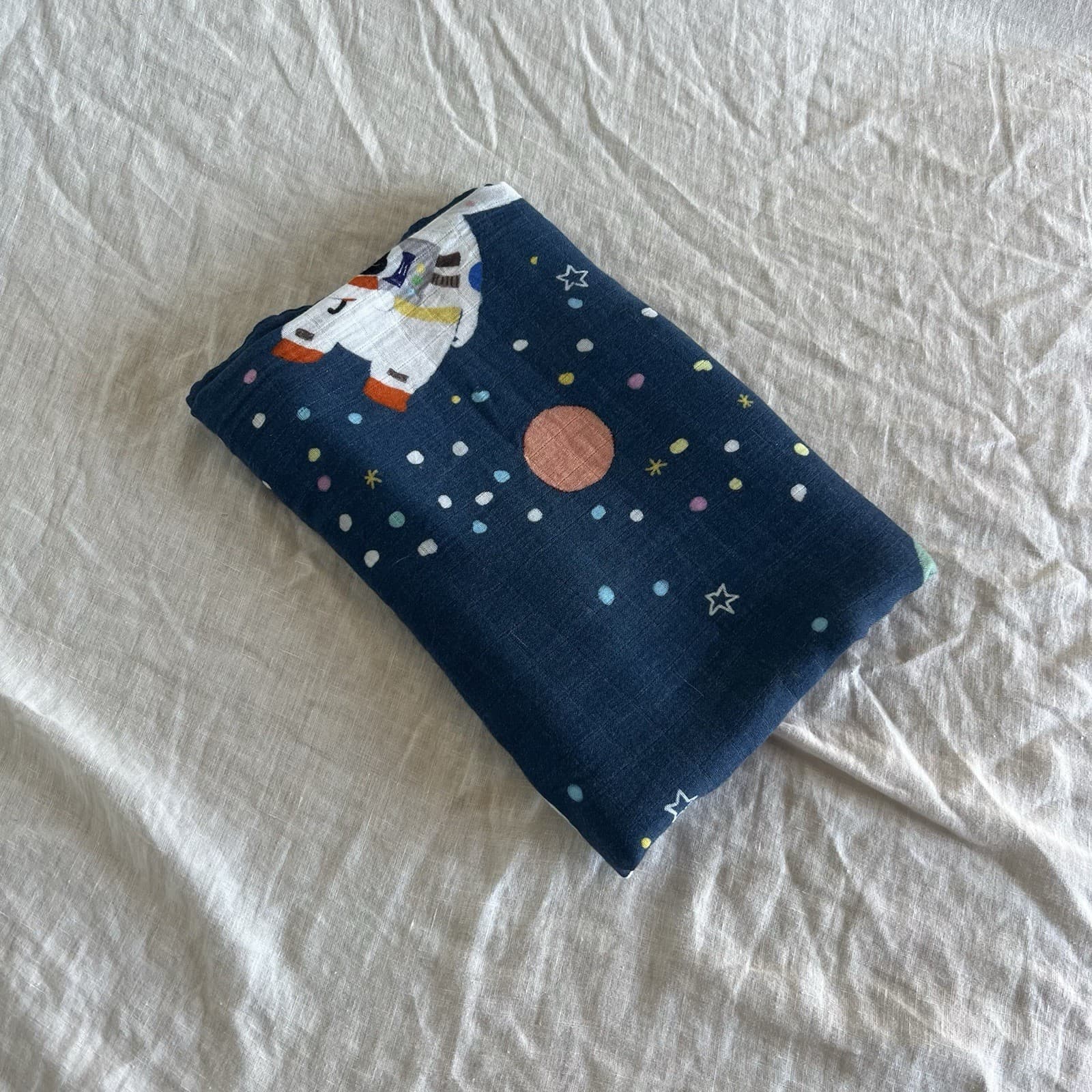 Suki McMaster Organic Bamboo Muslin Swaddle Blanket Space Bunny Cat Space Suit — photo 2 of 8