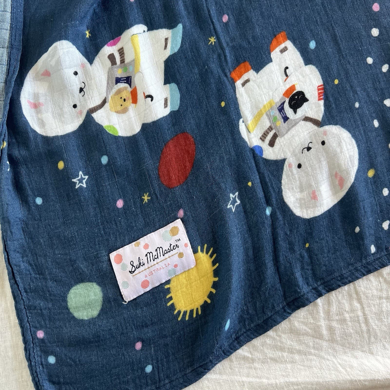 Suki McMaster Organic Bamboo Muslin Swaddle Blanket Space Bunny Cat Space Suit — photo 3 of 8