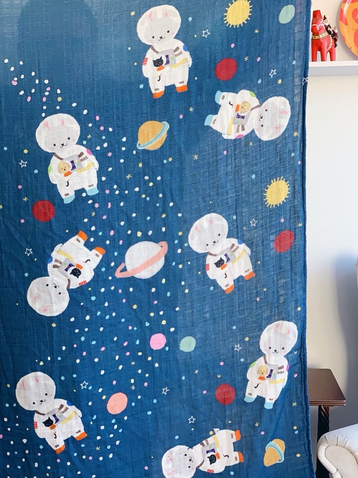 Suki McMaster Organic Bamboo Muslin Swaddle Blanket Space Bunny Cat Space Suit — photo 7 of 8