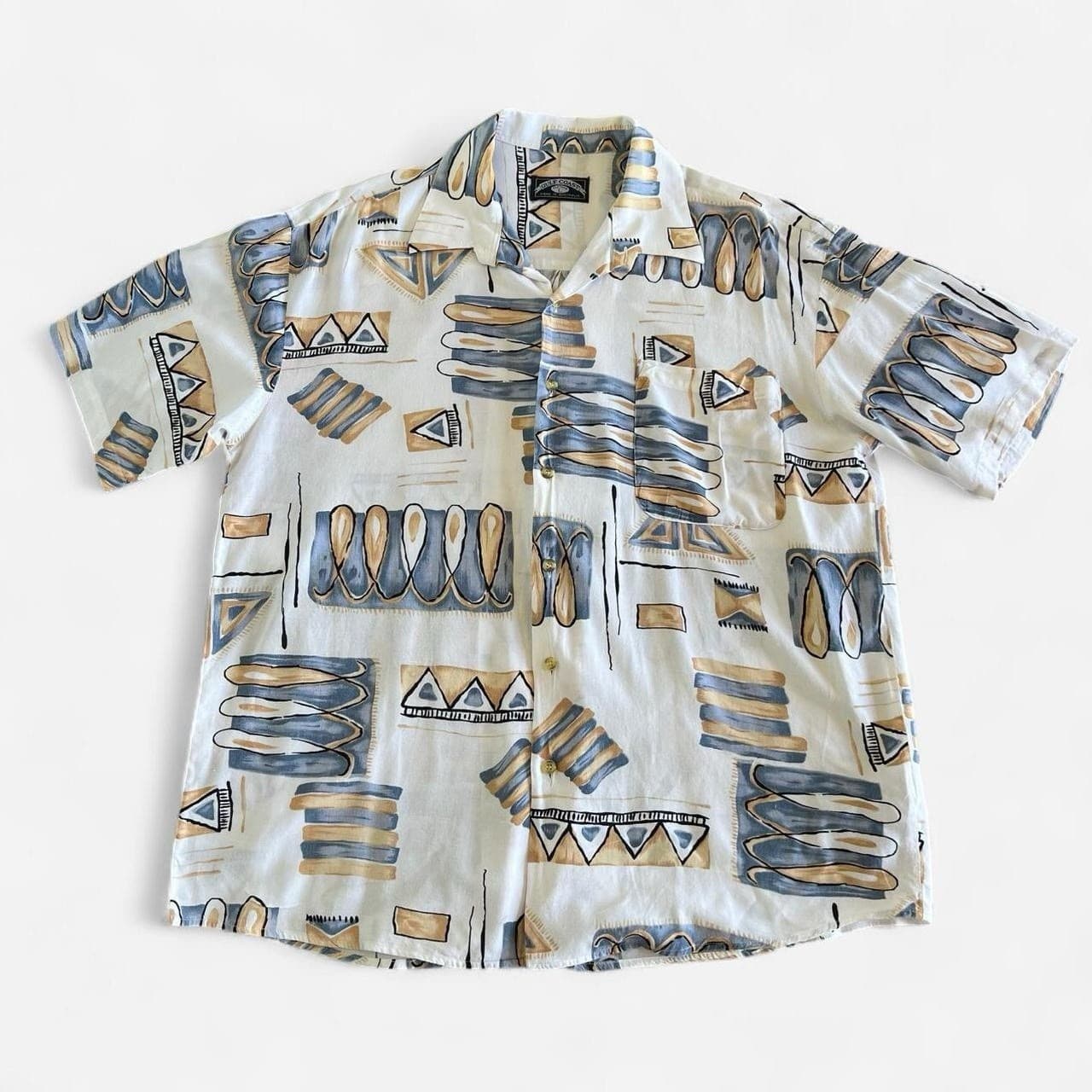 Vintage 90s Abstract Geometric Shirt L Viscose Linen Resort Boho Indie Retro — photo 2 of 9