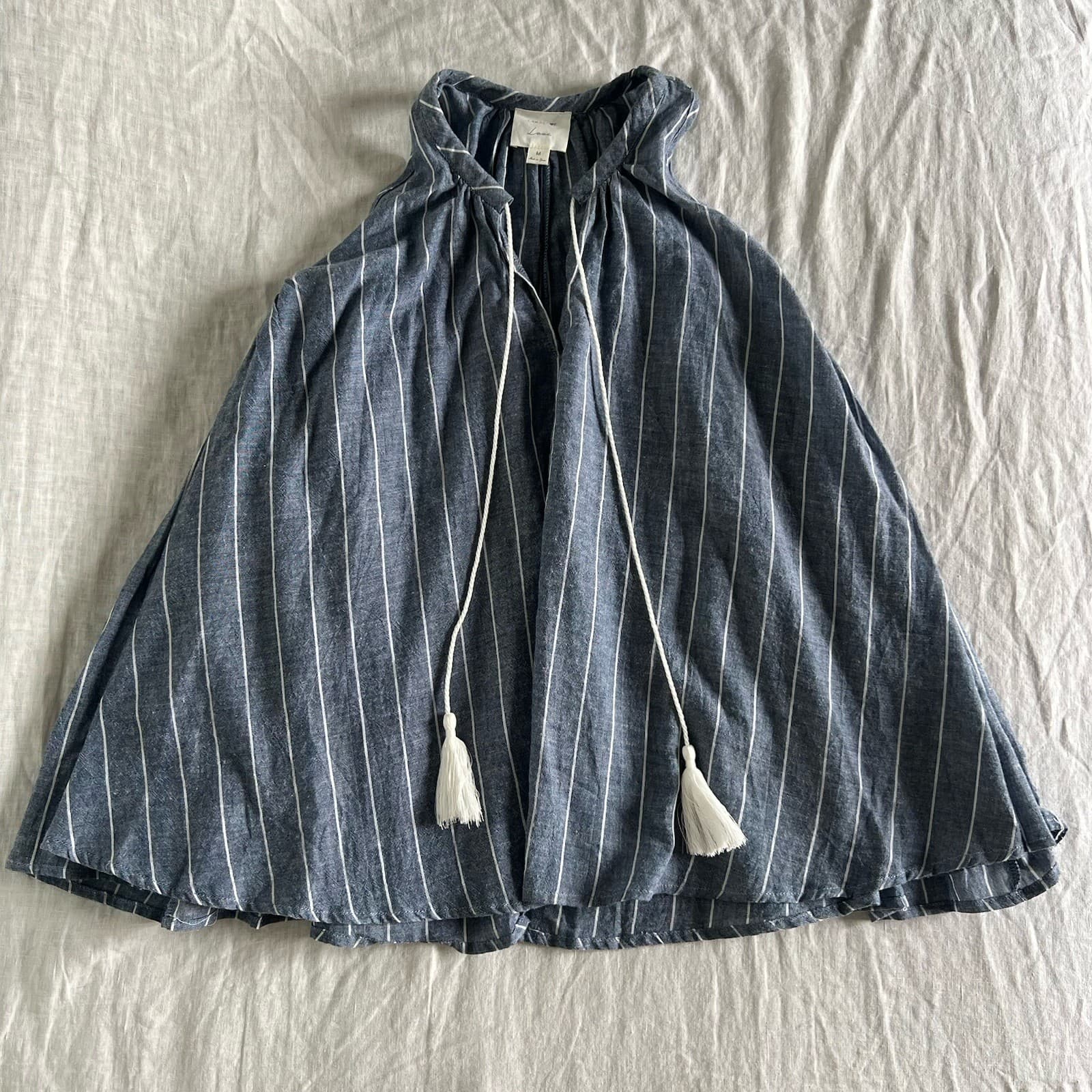 Label Of Love Blue Stripe Tassel Blouse M Cotton Boho Swing Tank Coastal — photo 4 of 8