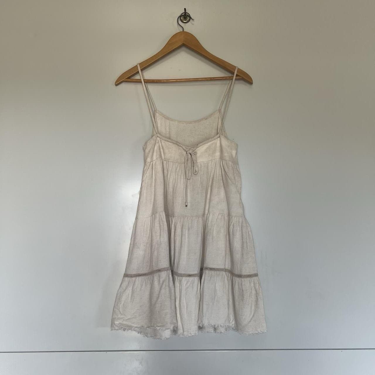 Ghanda Linen Babydoll Mini Dress XS Cream Oatmeal Tiered Prairie Coastal Boho — photo 4 of 8