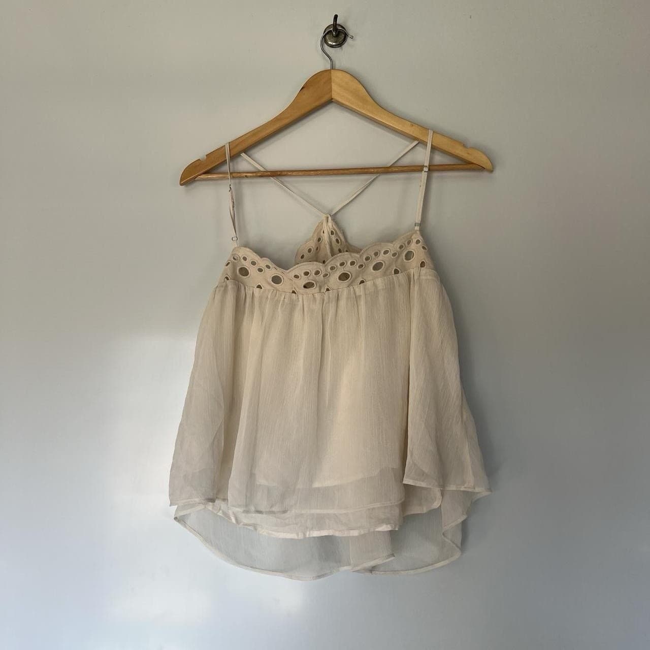 H&M Y2K Babydoll Cami Top 8 10 Cream Eyelet Fairycore Linen Blend Sheer — photo 4 of 7