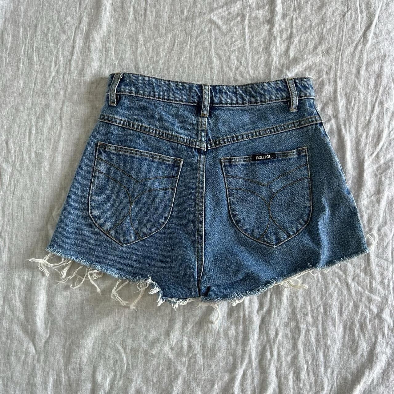 Rolla's Dusters Denim Shorts 27 9 High Waisted Blue Cotton Raw Hem Slim 90s Vtg — photo 2 of 8