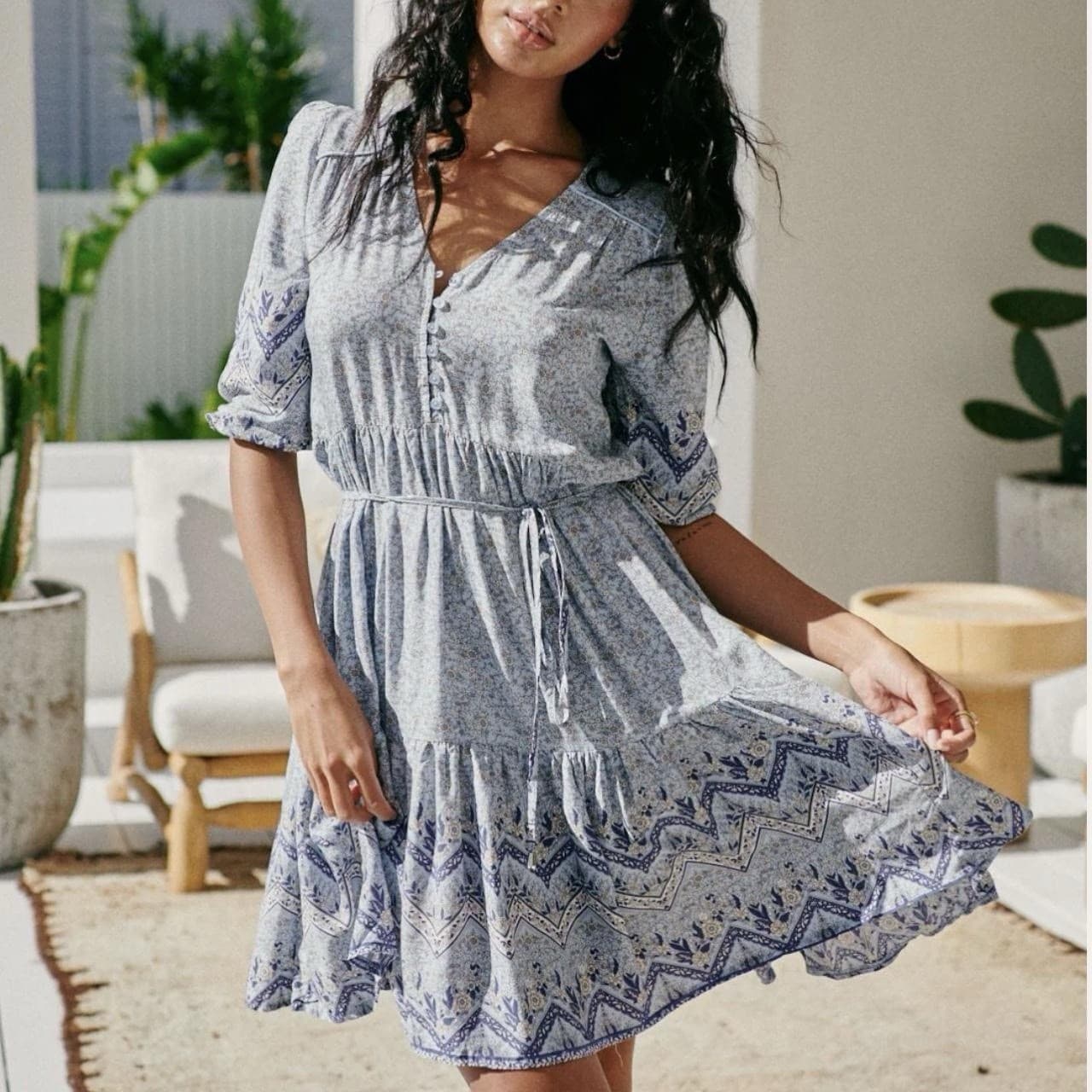 Jaase Riverside Print Finch Mini Dress 16 XL Blue Boho Floral Rayon Spell Style — photo 1 of 8