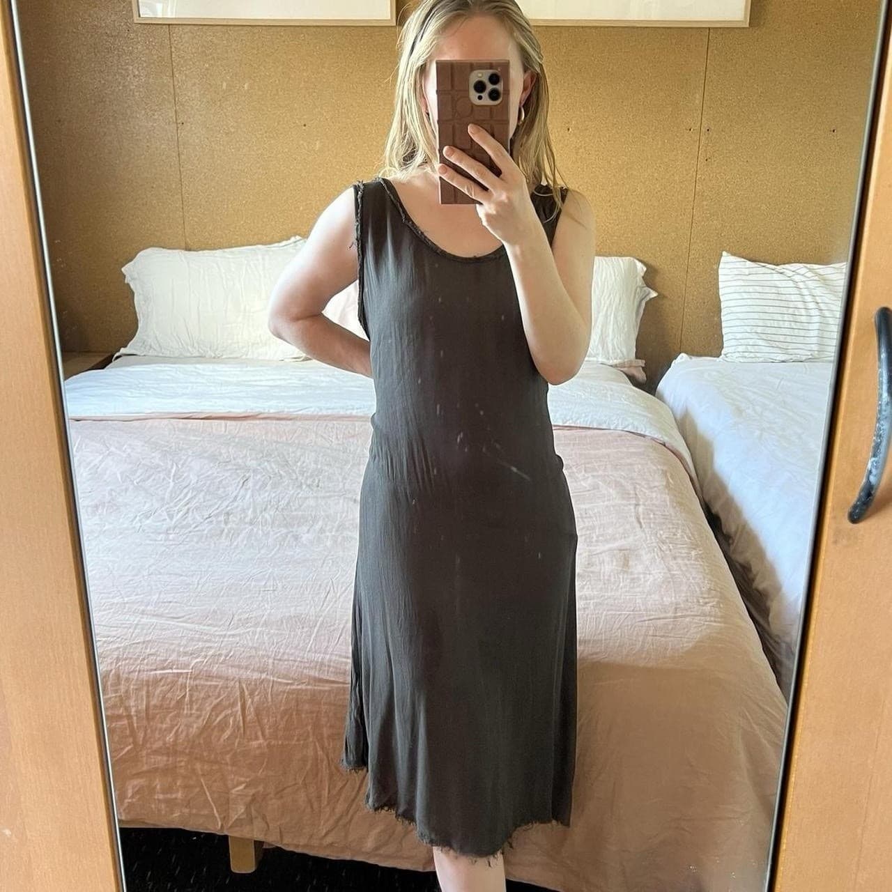 Morrison Brown Midi Slip Dress 4 L 12 14 90s Grunge Raw Edge Asymmetric — photo 1 of 8