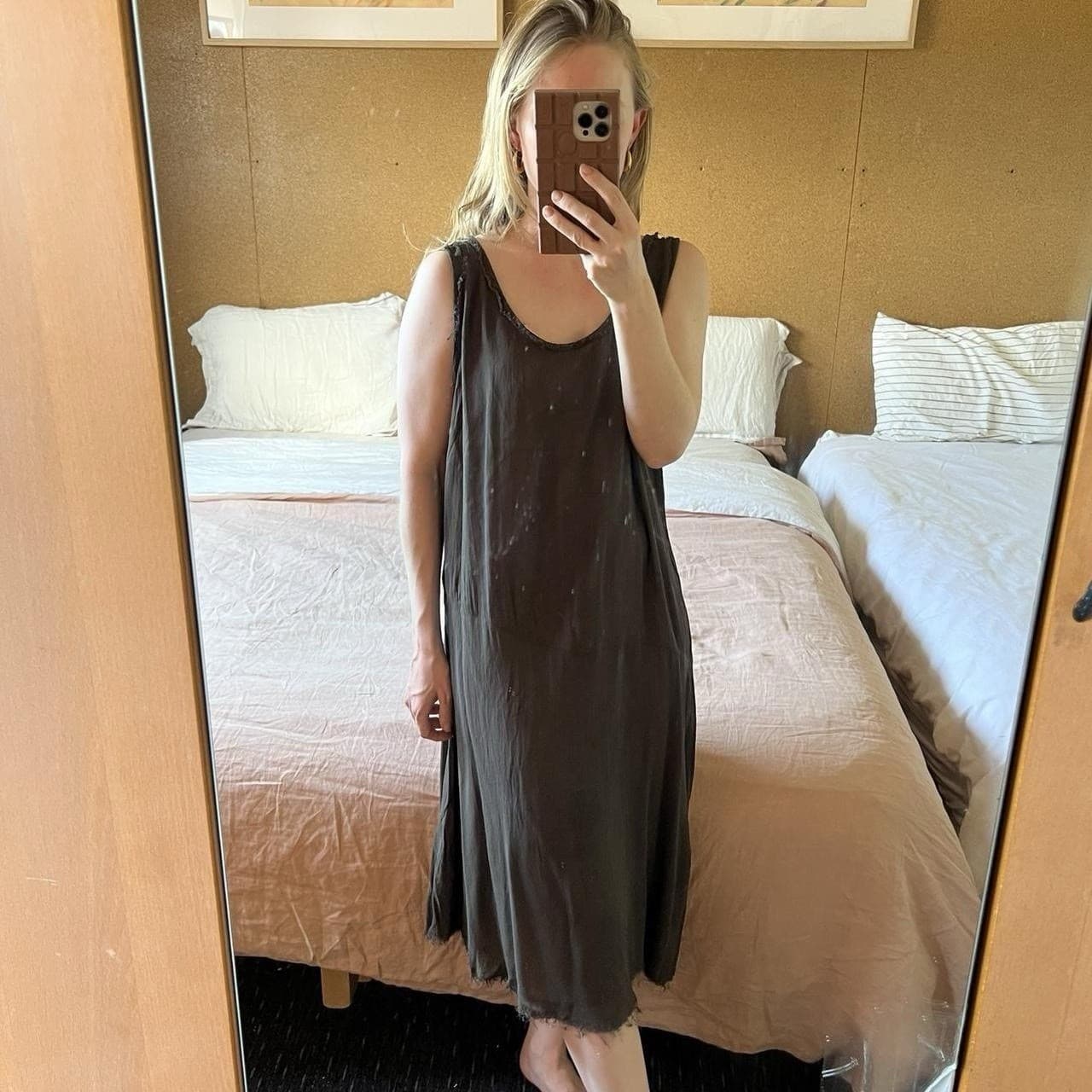 Morrison Brown Midi Slip Dress 4 L 12 14 90s Grunge Raw Edge Asymmetric — photo 2 of 8