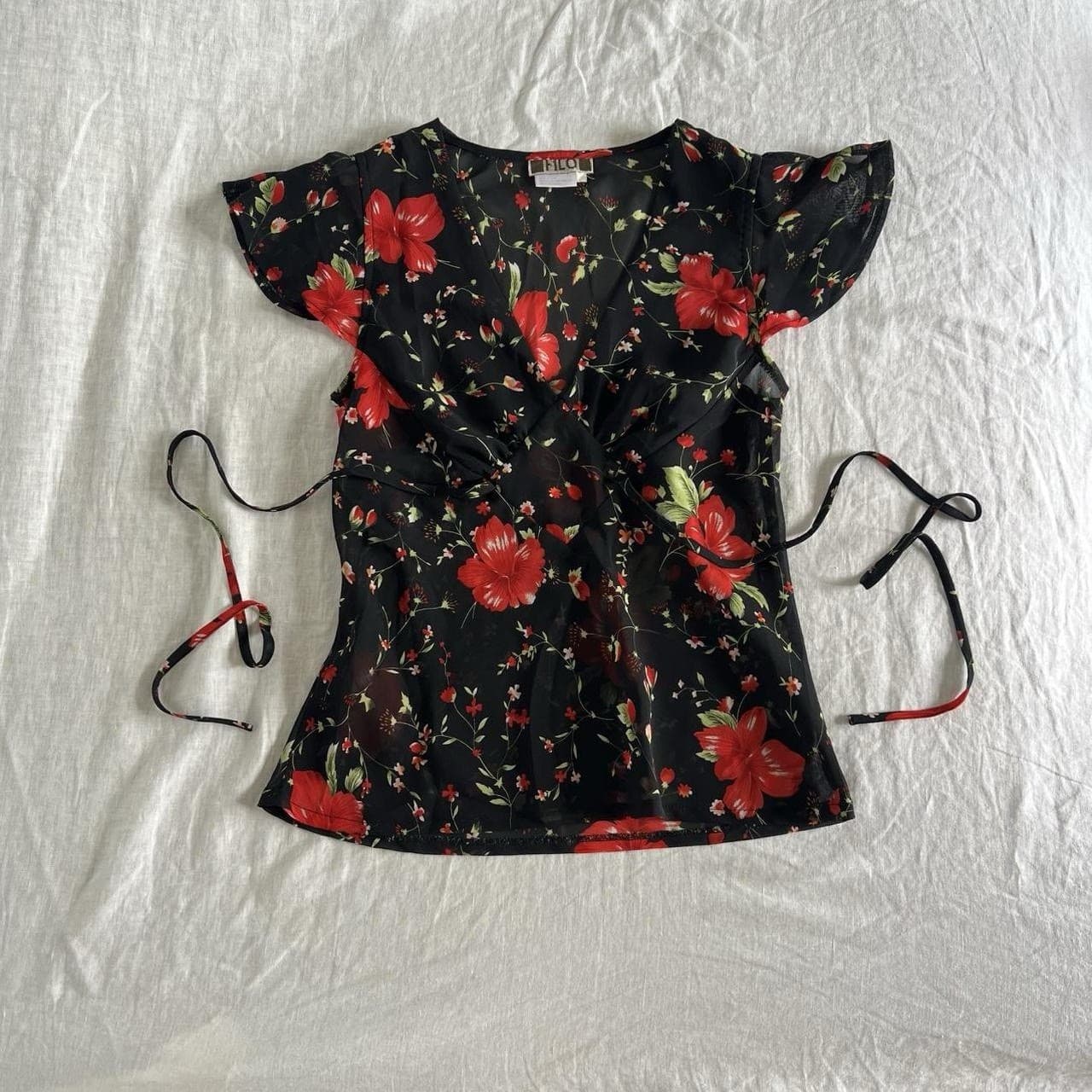 Vintage Y2K Filo Jellyfish Top 8 10 Black Red Floral Flutter Sleeve Mesh Fairy — photo 1 of 7